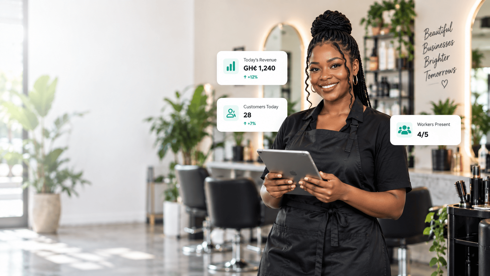 A beauty business owner using a tablet in her workspace